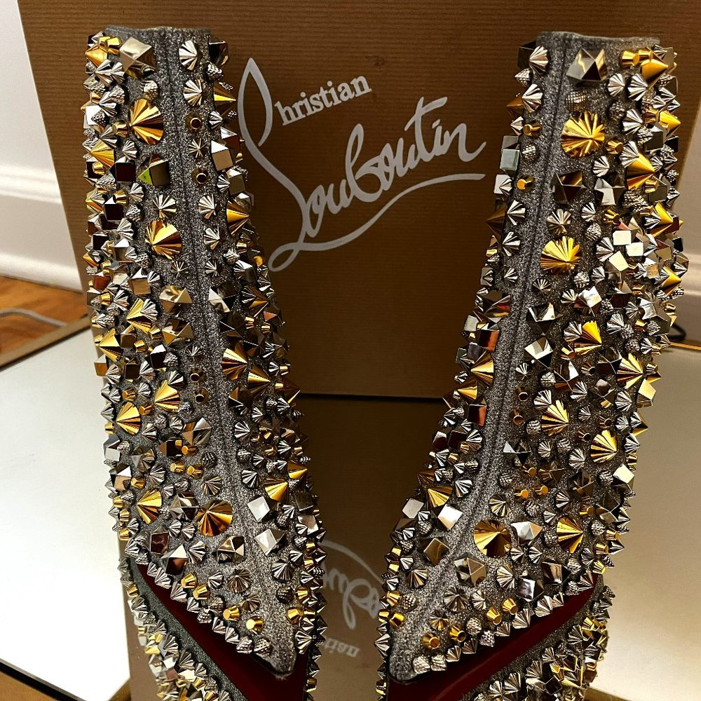 Christian Louboutin Silver and Gold With Studs So Full Kate 100 Boots/Booties